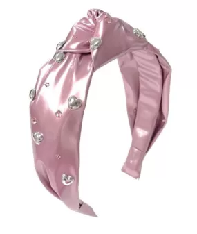 Bari Lynn Patent Leather Stud Heart Embellished Knot Headband - Pink