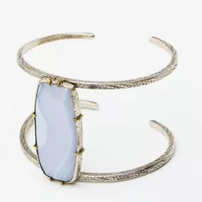 Huge blue agate bangle bracelet with double silver bangle and gemstone set in silver and brass setting