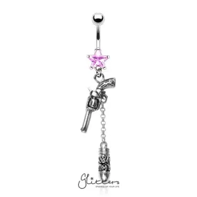 Surgical Steel Cubic Zirconia Star with Gun & Bullet Dangle Belly Ring-Pink