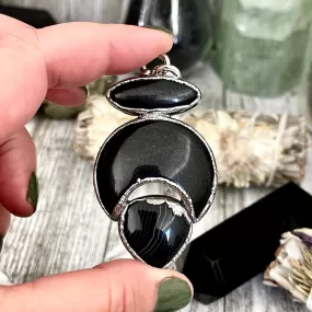 Three Stone Black Onyx Black Banded Agate Necklace in Fine Silver / Foxlark - One of a Kind Jewelry /