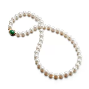 White Pearl Necklace with Green Jade Clasp